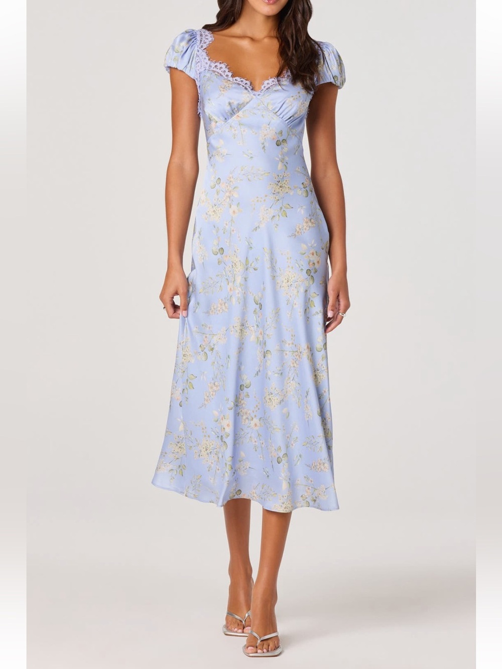 astr the label makaela blue floral lace trim satin sweetheart midi dress small